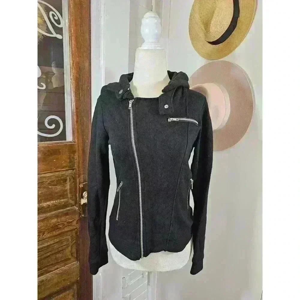 Sound & Matter Women's Small Black Moto Jacket with Detachable Hood